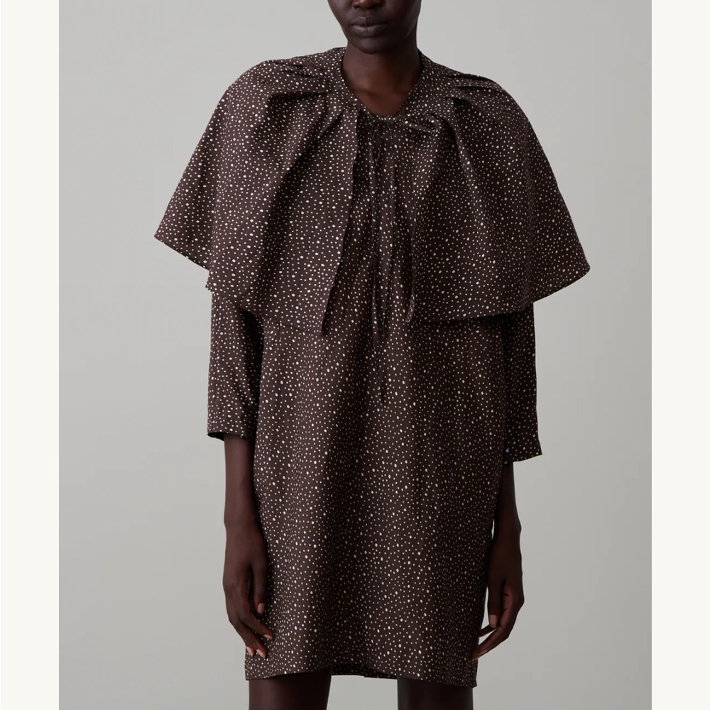 Brown Polka Dot Dress with Cape Overlay